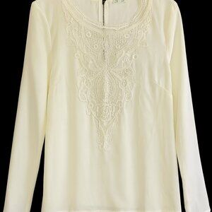 Eyeshadow Lace Front Tunic Blouse Women Medium Long Sleeve Cream Top-A246